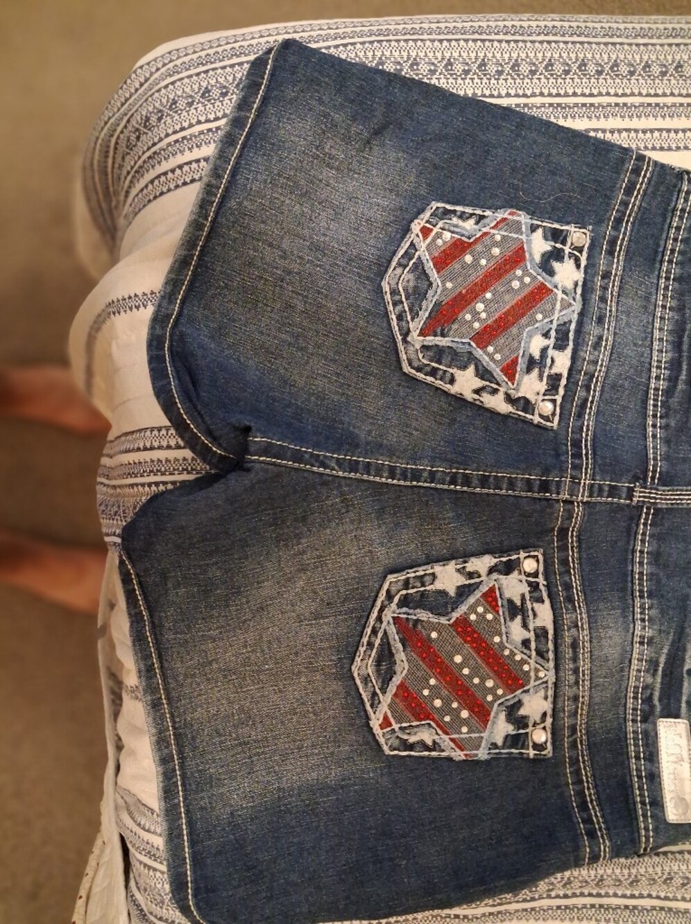 Wallflower Women’s Blue Denim Jeans with Red & White Embroidered Patches